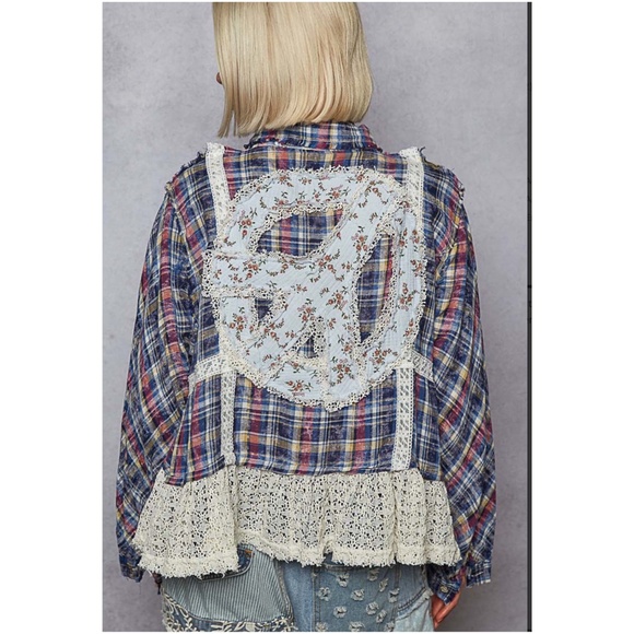 POL Blue Mix Plaid Floral Print Peace Patchwork Long Sleeve Button Up Shirt  Cot - Picture 1 of 4